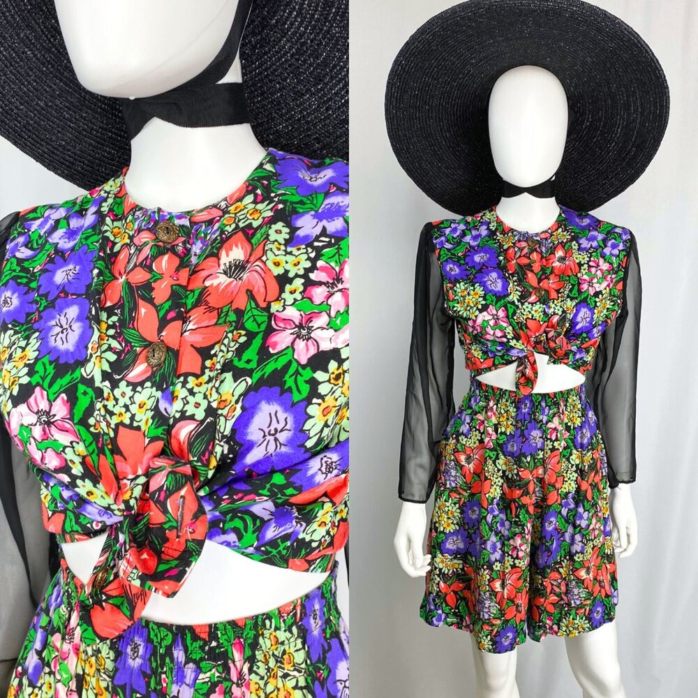 Vintage 90s floral coord two-piece shorts playset outfit red black small medium